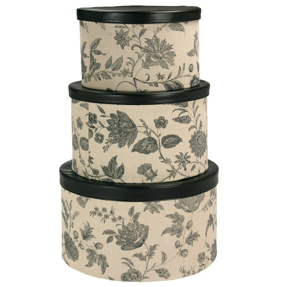 Household Essentials Round Hat Boxes with Lids, Detailed Floral Print with Faux Leather Lids, Poly-Cotton and Non-Woven PP Liner, Large, Medium and Small, Stackable and Nestable, Black and Tan
