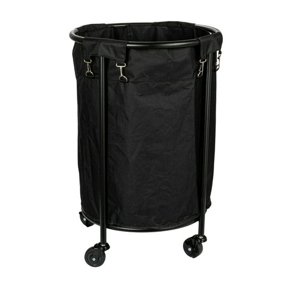 Household Essentials Round Laundry Hamper, Metal Frame with Wheels, Heavy Duty and Commercial-Grade, Black Polyester Bag, Great For Both Residential and Commercial Use