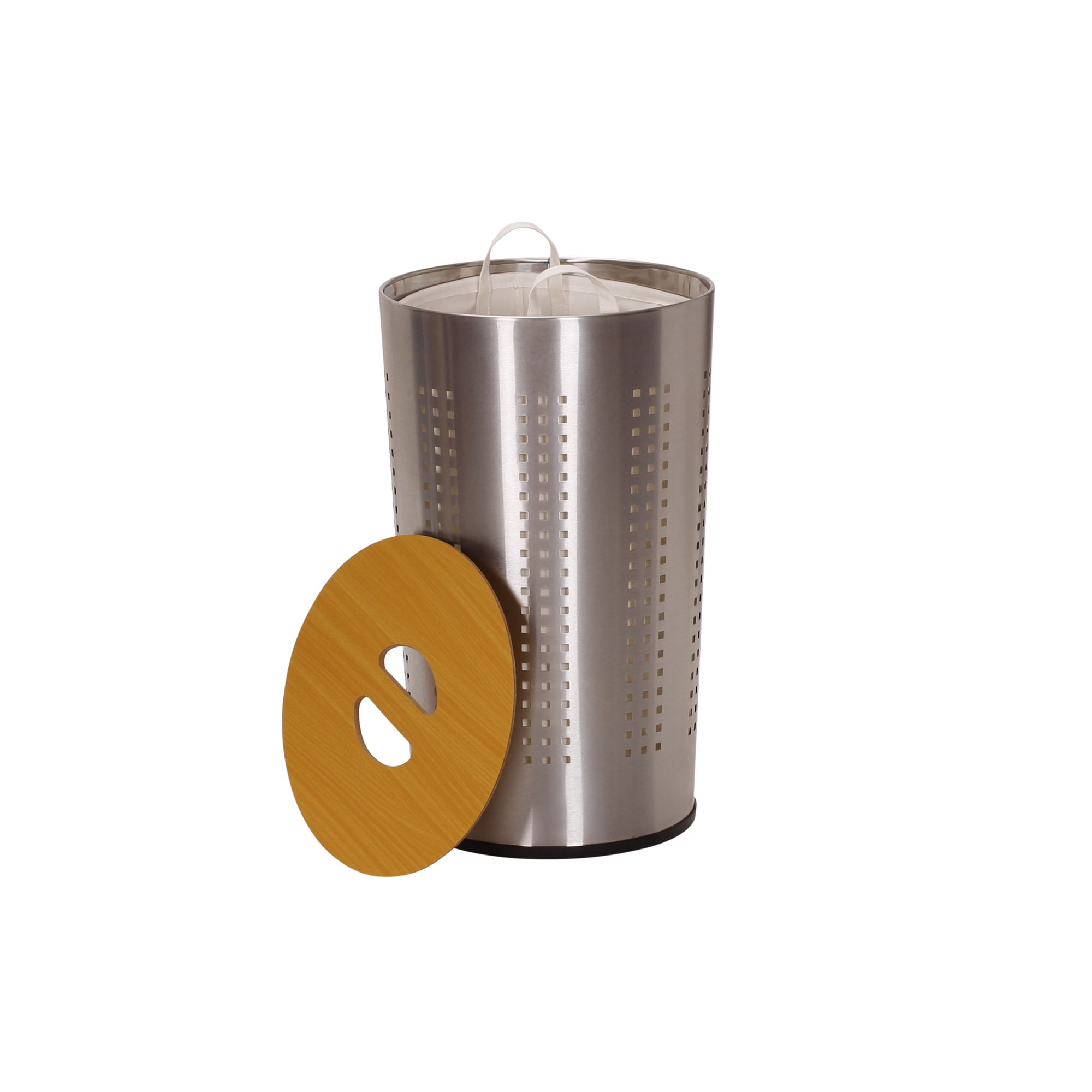 Round Silver Stainless Steel Laundry Hamper with Wooden Lid