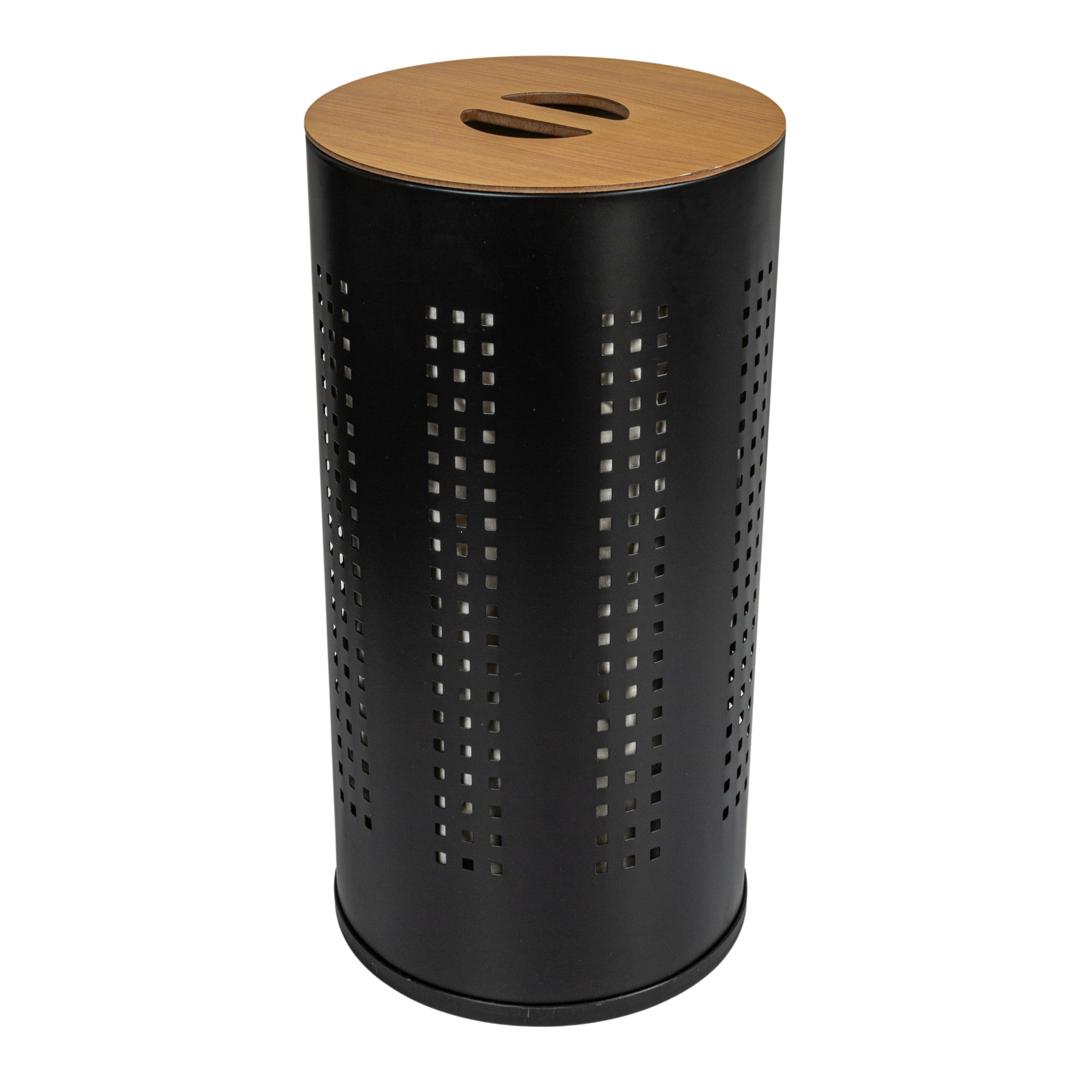 Round Black Metal Laundry Hamper with Wooden Lid