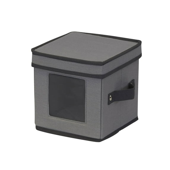 Household Essentials Saucer Storage Box, Holds 12 Saucers with Felt Protectors, Windowed Panel, 2 Riveted Handles, Foldable and Stackable Box, Gray