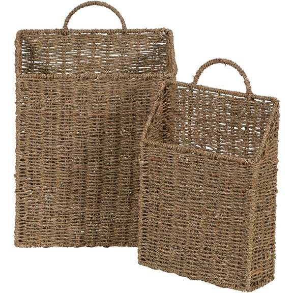Household Essentials Rectangular Wicker Hanging Baskets, Set of 2, Small and Large, Handwoven Seagrass, Durable Metal Wire Frame, Natural