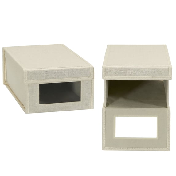 Household Essentials Small Drop Front Shoe Box 2 Pack, Shoe Organizer with Clear Front Panel, Sturdy with Soft Poly-Blended Linen, Beige