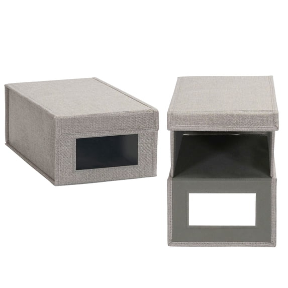 Household Essentials Small Drop Front Shoe Box 2 Pack, Shoe Organizer with Clear Front Panel, Sturdy with Soft Poly-Blended Linen, Gray