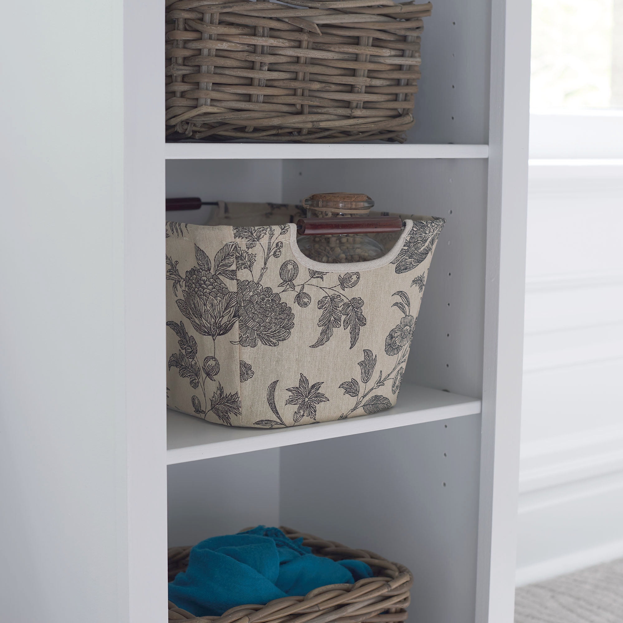 Small Beige Floral Tapered Storage Bin with Wood Handles
