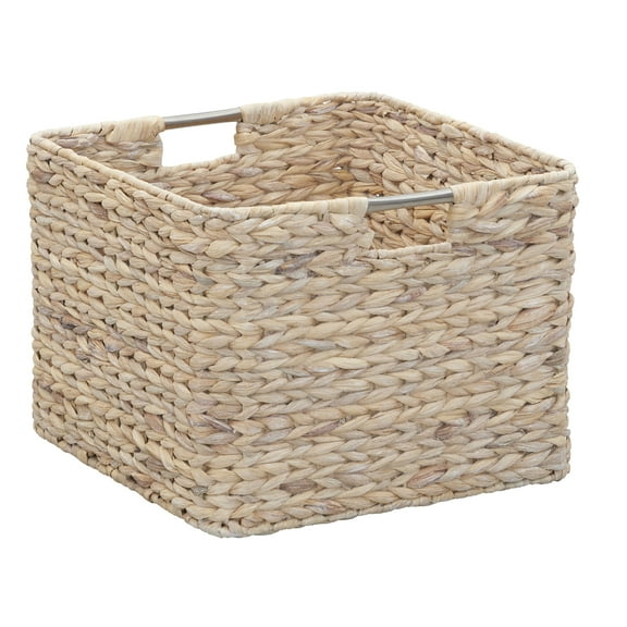 Household Essentials Square Wicker Basket, Hyacinth Cube with Stainless Steel Handles, Intricate and Durable Weave, Sturdy Metal Frame, White Wash