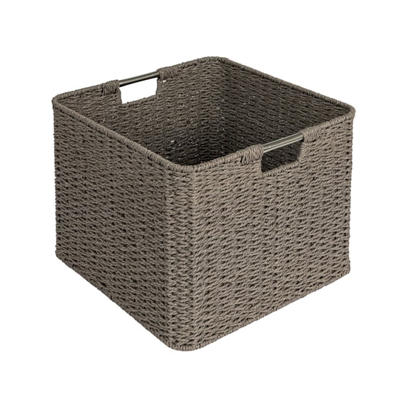 Household Essentials Square Woven Basket, Paper Rope Cube with Stainless Steel Handles, Intricate and Durable Weave, Sturdy Metal Frame, Grey