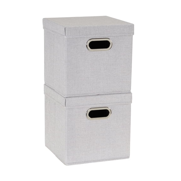 Household Essentials Storage Bins with Lids and Chromed Grommet Handles, Set of 2, Light Gray Textured Linen Look, Fits Standard Cube Shelves