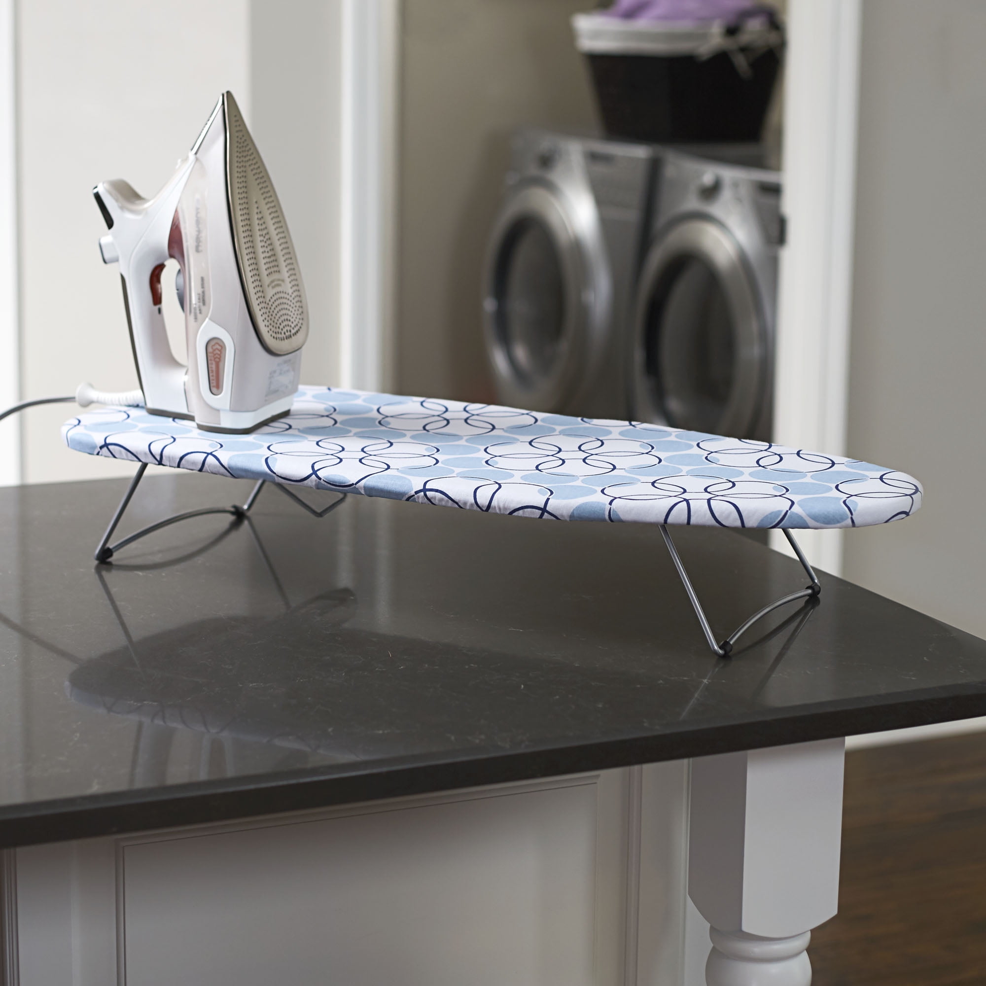Compact Steel Tabletop Ironing Board with Blue Pattern Cover