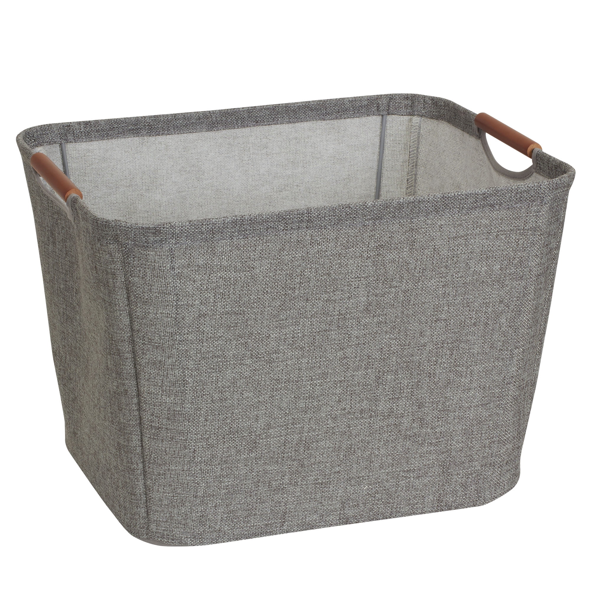 Gray Floral Fabric Open Top Storage Bin with Wood Handles
