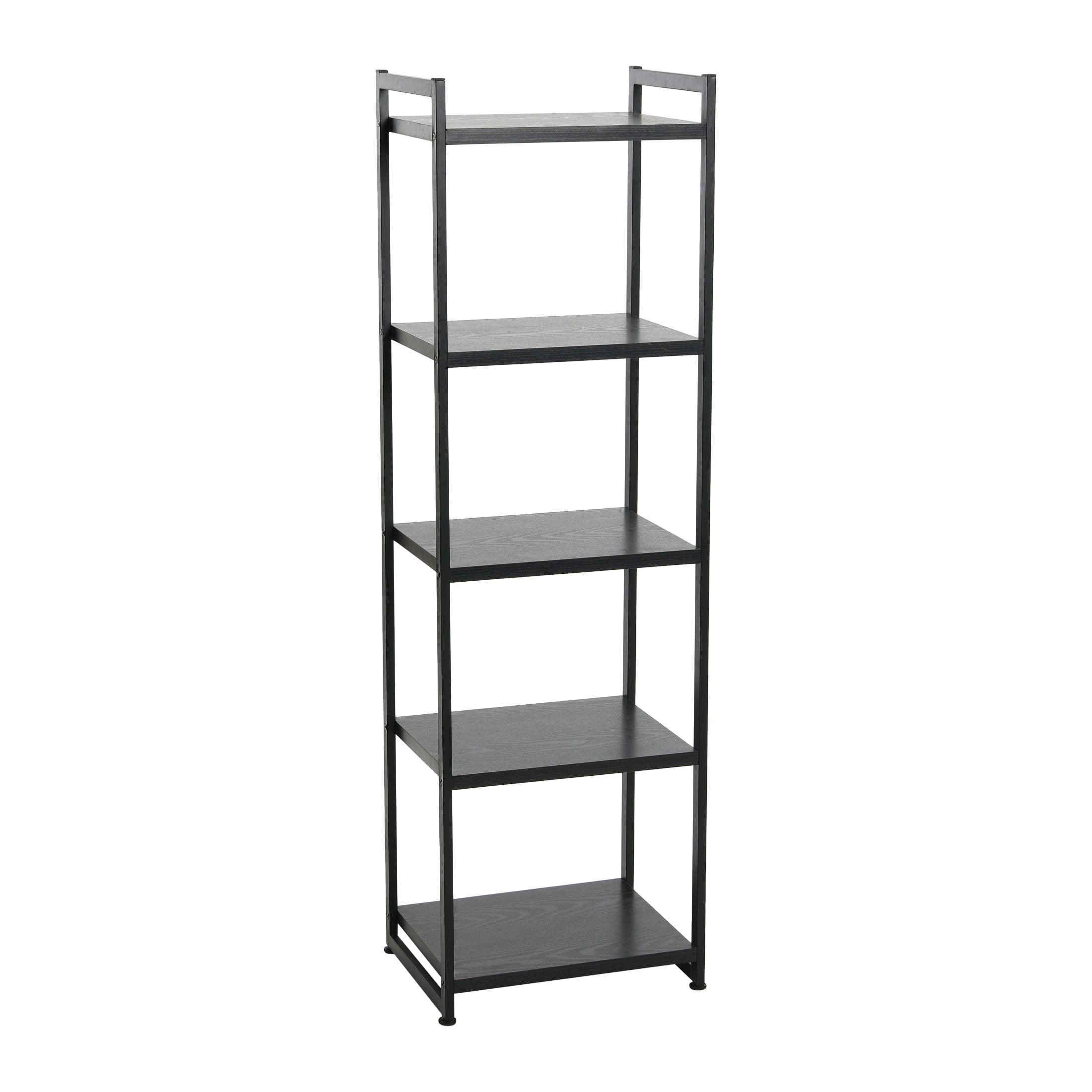 Household Essentials Tower Bookshelf Tall and Narrow Bookshelf with 5 Shelves Black Metal and Black Oak Woodgrain Finish Industrial and Modern