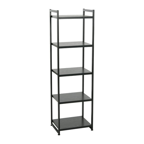 Household Essentials Tower Bookshelf, Tall and Narrow Bookshelf with 5 Shelves, Black Metal and Black Oak Woodgrain Finish, Industrial and Modern