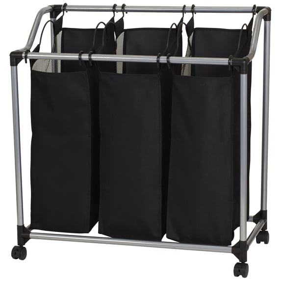 Household Essentials Triple Laundry Sorter with Wheels, Tapered Metal Frame, Removable Polyester Bags, Ventilated, Smooth Rolling Casters, Great for Sorting Laundry