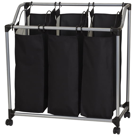Household Essentials Triple Laundry Sorter with Wheels, Tapered Metal Frame, Removable Polyester Bags, Ventilated, Smooth Rolling Casters, Great for Sorting Laundry