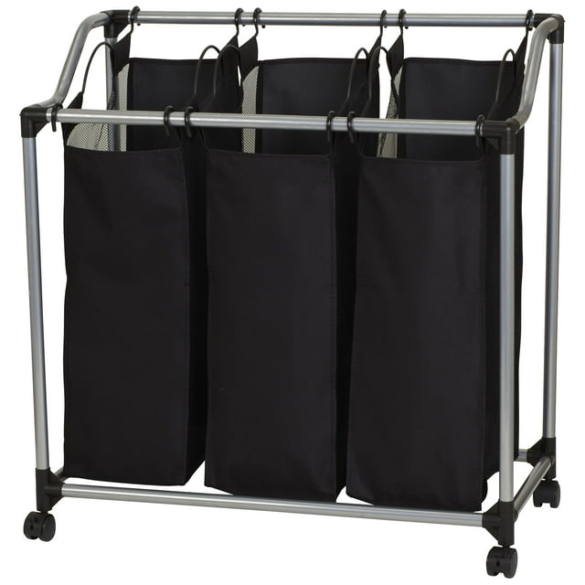 Household Essentials Triple Laundry Sorter with Wheels, Tapered Metal Frame, Removable Polyester