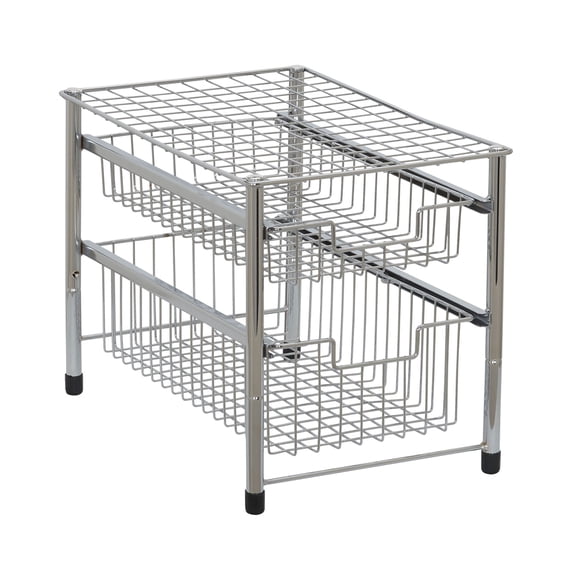 Household Essentials Two Basket Sliding Cabinet Organizer, Metal, Small, Free Standing - No Installation Necessary, Silver Finish