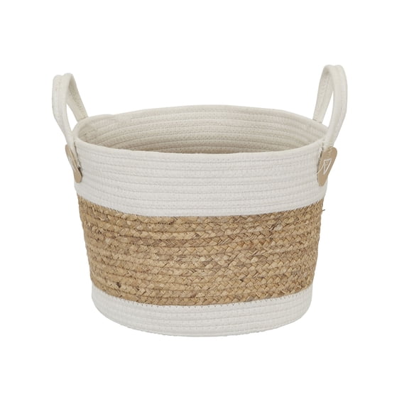 Household Essentials Corn and Hyacinth Wicker Basket, Two-Toned with Attached Handles, Great for Car Essentials, Running Errands and Picnics, Natural and White