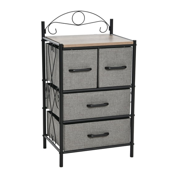 Household Essentials Victoria Dresser Nightstand Storage Organizer with 4 Grey Drawers Black Metal Frame and Ashwood Rustic Wood Grain Top