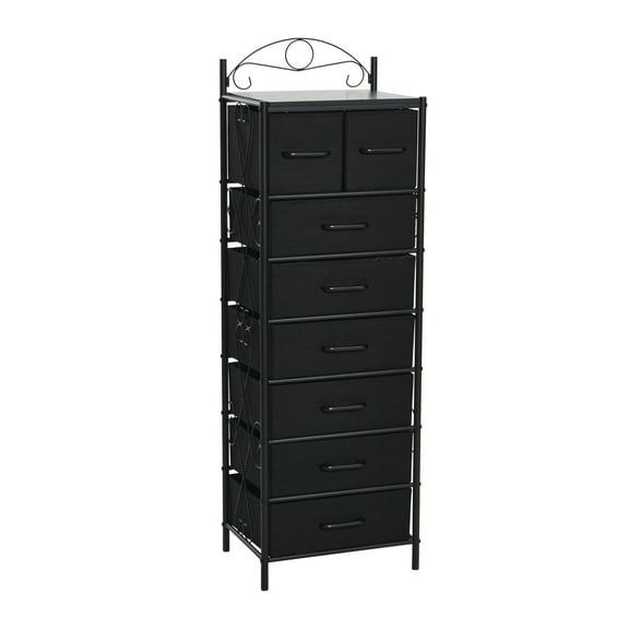 Household Essentials Victoria Dresser Tower Storage Organizer with 8 Black Drawers Black Metal Frame and Black Oak Wood Grain Top