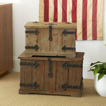 Household Essentials 2 Piece Decorative Trunks, Victorian Set, Small and Large, Chinese Fir Wood, Aged-Wood Finish with Metal Accents, Fully Opening Lid, Stout Design, Ring Handles