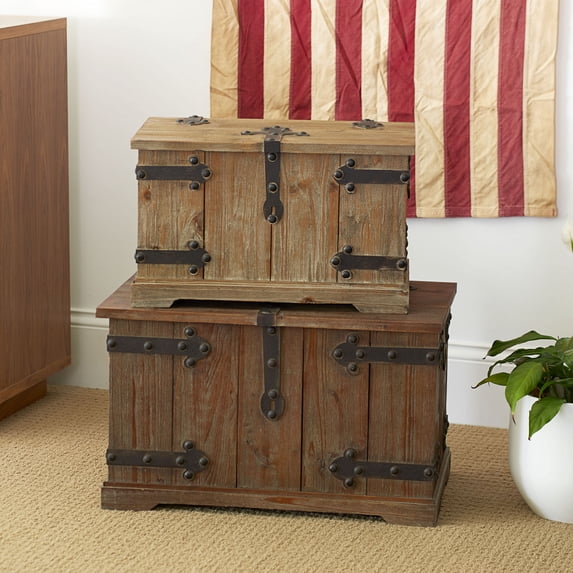 Household Essentials 2 Piece Decorative Trunks, Victorian Set, Small and Large, Chinese Fir Wood, Aged-Wood Finish with Metal Accents, Fully Opening Lid, Stout Design, Ring Handles