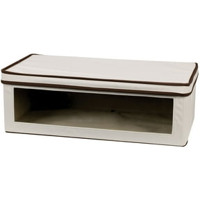 Household Essentials Large Canvas Storage Box, Vision Box with Clear Front Panel, Reinforced Poly-Cotton Canvas, Fully-Removable Lid, Folds for Storage, Natural with Brown Trim