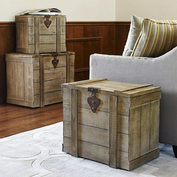 Household Essentials Antiqued Decorative Trunk, Large, Chinese Fir Panel and MDF, Smooth Backing and Metal Hinge Accent, Flat Top and Stay-Open Lid