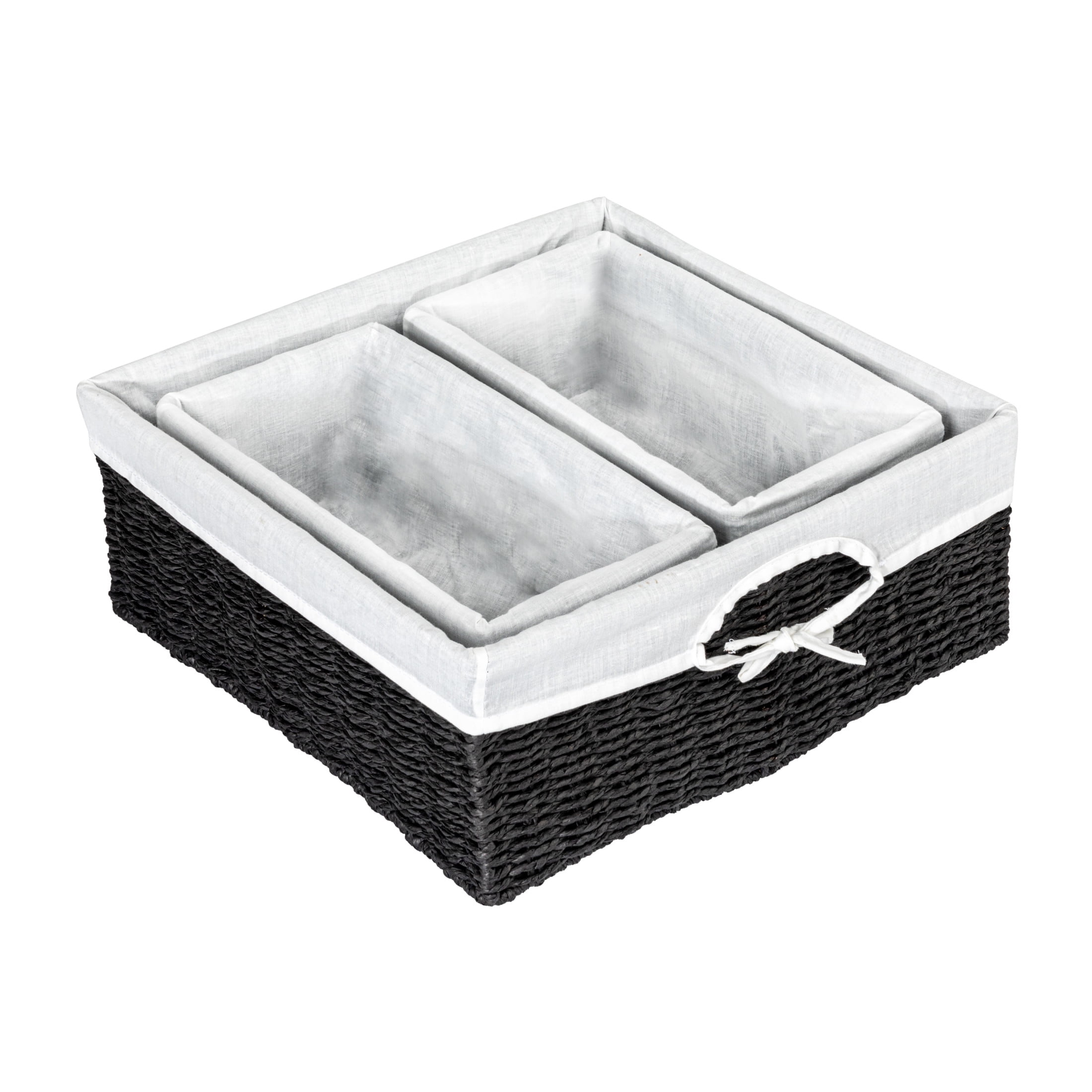 Black Wicker Rectangular Storage Basket Set with Liners