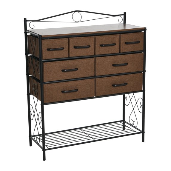 Household Essentials Victoria Dresser Table Storage Organizer with 8 Drawers and Shoe Shelf Black Metal Frame and Mid Century Walnut Wood Grain Top
