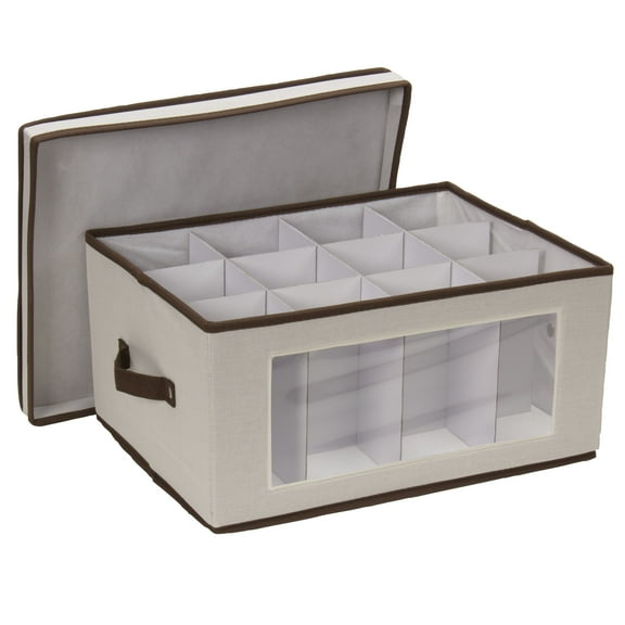 Household Essentials Wine Glass Storage Box, Strong Frame and Handles, Windowed Panel, Fully Removable Lid, Stackable and Foldable, Perfect for Wider Stemware