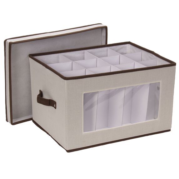 Household Essentials Stemware Storage Box, Windowed Storage with Lid, 12 Storage Compartments, Double Handles, Perfect for Storing Special Occasion Glassware
