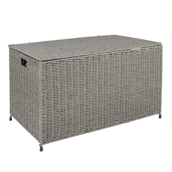 Household Essentials Woven Paper Rope Storage Chest with Hinged Lid and Integrated Handles, Grey