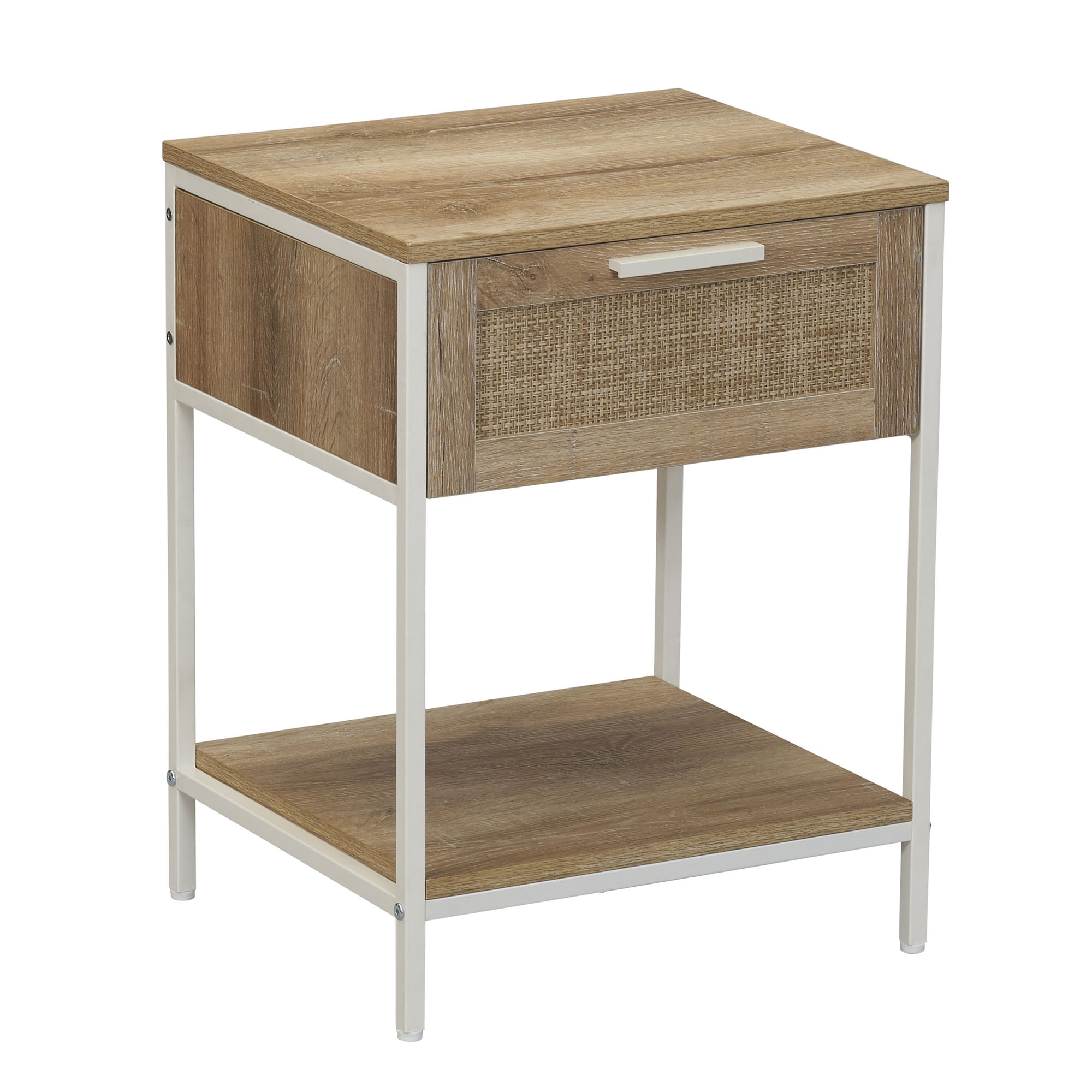 Coastal Oak Square End Table with Rattan Drawer and Metal Frame