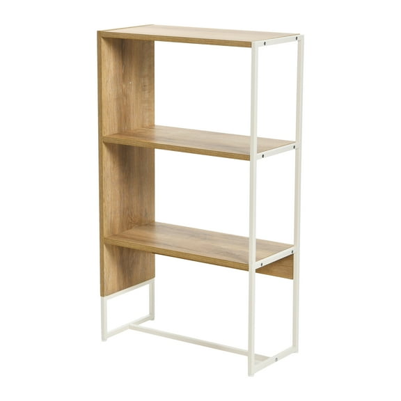 Household Essentials Wrap 3 Shelf Open Storage Bookshelf Coastal Oak Rustic Wood Grain and White Metal
