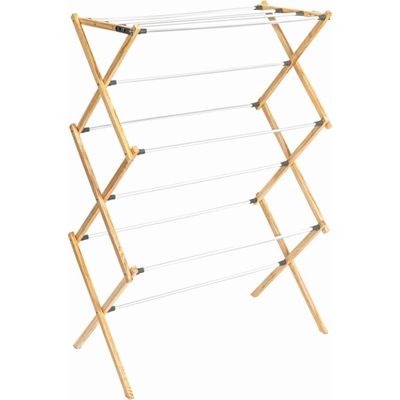 Household Essentials X-Frame Clothes Drying Rack, Sturdy Wood Frame with Slanted Feet, Smooth Vinyl Coated Rods, 24 Feet Drying Space, Easy Assembly, Flat Top, Natural Finish