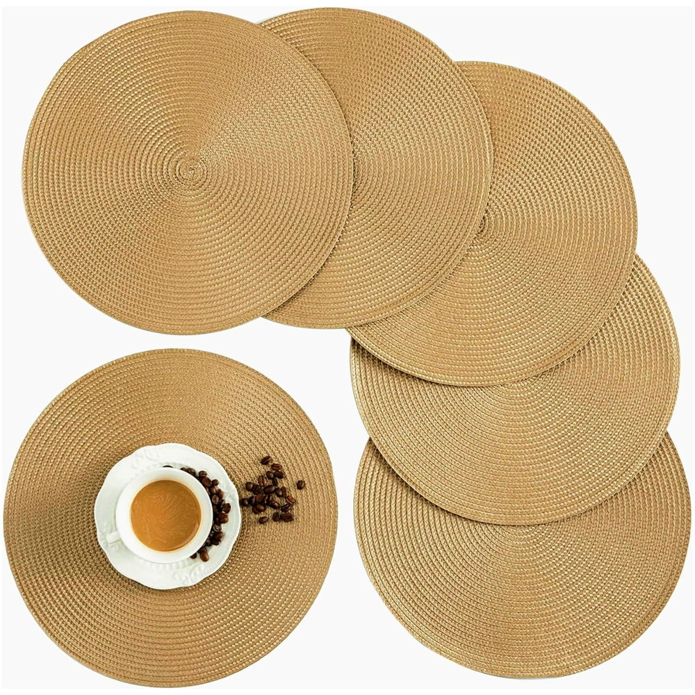 Household Insulation Pads,8Pcs Round Hand Woven Mats,Braided Dining Mat,Heat Resistant Placemat,Anti-Skid Washable Table Mats,for Home Kitchen Restaurant Decor Gold 15 Inch