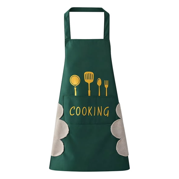 Household Kitchen Cooking Apron, Knife, Fork and Spoon Pattern Kitchen Apron with Hand Wipe, Waterproof Apron, with Pockets for Cooking, Dark Green