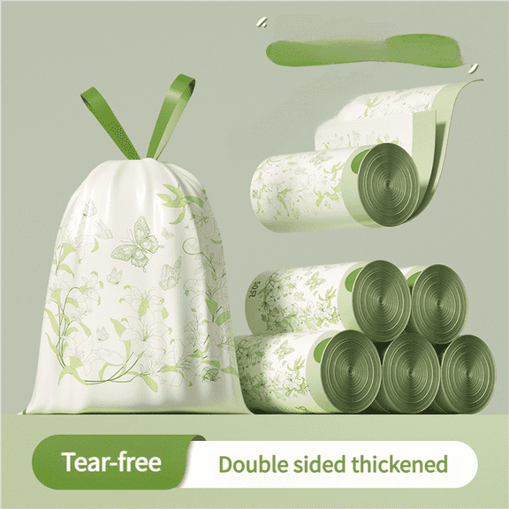 Household Kitchen Garbage Bag with Handle 45 * 50cm, Roll 50 Pieces, Drawstring Closure, Thick Drawstring
