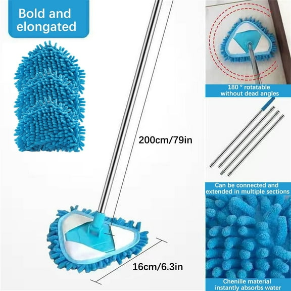 Household Multifunctional Triangular Dusting Mop with 180° Swivel Head – Extendable Wet & Dry Ceiling & Floor Cleaning Tool (2m, 3 mop cloth, 4 sections of poles)