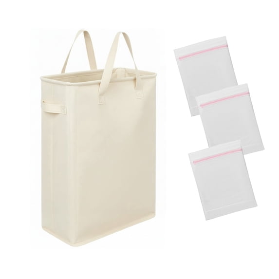 Household Narrow Laundry Storage Basket, 45L Foldable Hamper with Side Handles and Matching Laundry Sacks.