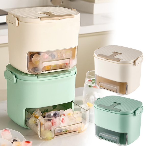 Household One Click Press Ice Grid Cube Large Capacity Double Layer Type Refrigerator Ice Block Drawer Storage Box,Pressing Ice Ice Box Ice Machine Grinding Tool Food Grade Refrigerator