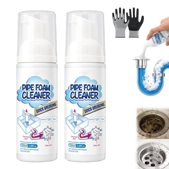 Household Pipe Foam Cleaner & Deodorizer, 100ML Pipe Foam Cleaner, Foaming Drain Cleaner, Drain Clog Remover, Active Foam Clears Stubborn Clogs for Kitchen Sinks, Bathroom Drains(2Pcs)