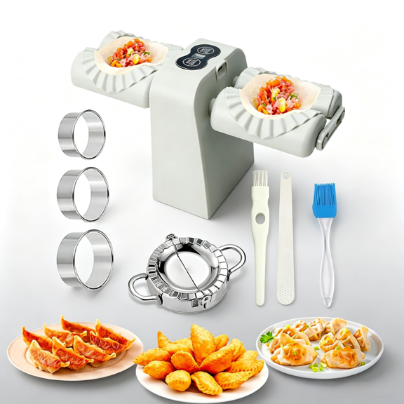Household Rechargeable Dual Head Automatic Dumpling Making Machine with Two Working Modes, Comes with Pie Mold Dough Cutter Spoon and Cleaning Brush for Home Pastry Making