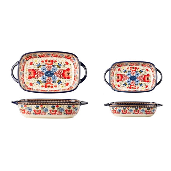 Household Rectangular Colorful Tableware Set of 2 Double-Handled Ceramic Baking Pan Deep Dish