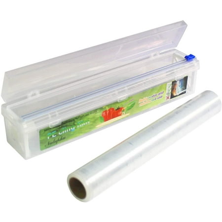 Household Reusable Refillable Plastic Wrap Dispenser with Slide Cutter, Food Wrap Stretch Clear Cling Wrap 12 Inch×328 Ft (1Cutting Box + 1 Cling Film)