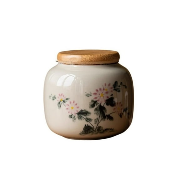 Household Small Hand-painted Tea Canister With Bamboo Lid Vintage Ceramic Sealed Storage Jar For Tea, Spices And Candy