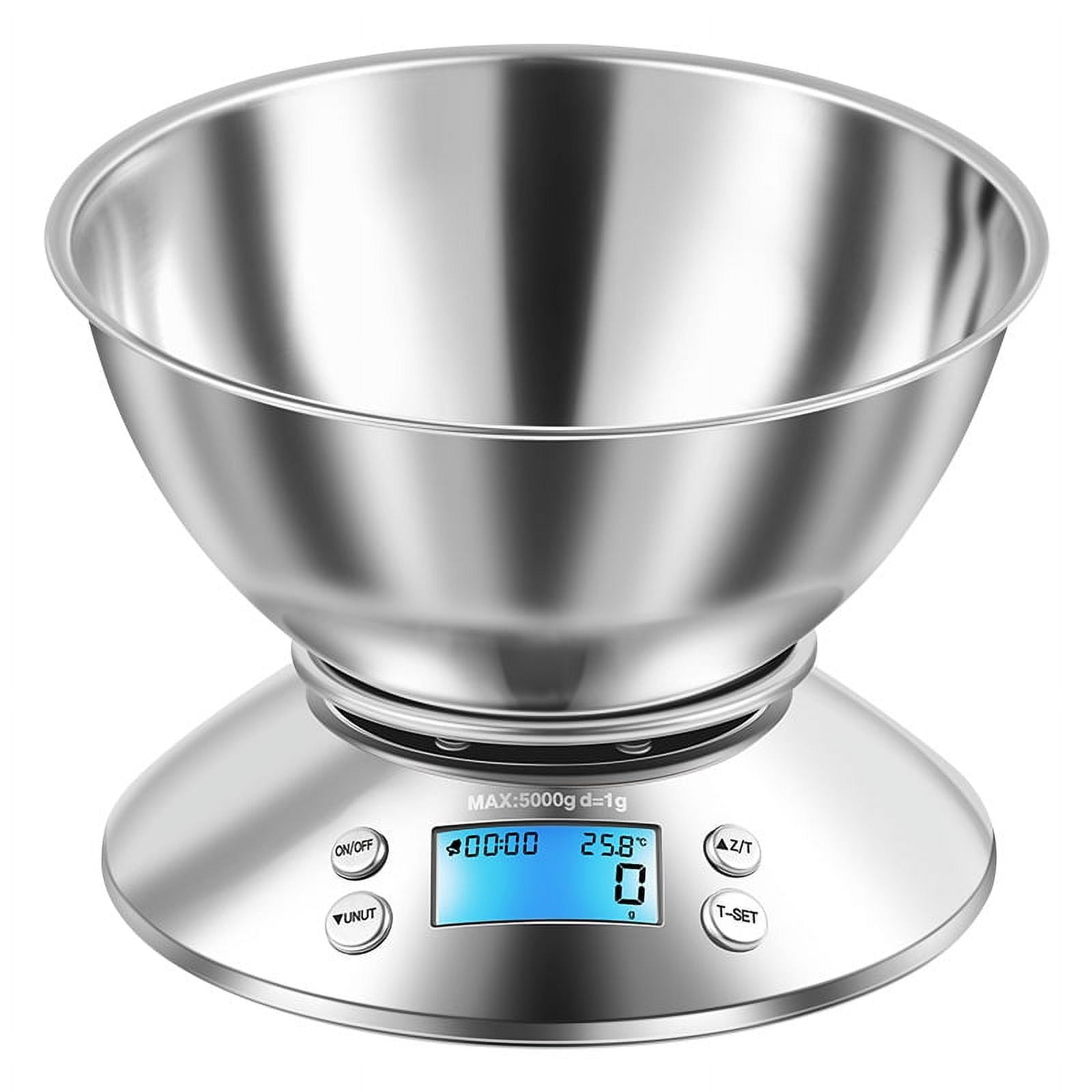 Household Stainless Steel Kitchen Scale with Bowl and Timer Electronic Scale Full Metal Baking Scale Multi-function Food Scale 0.1g-5kg
