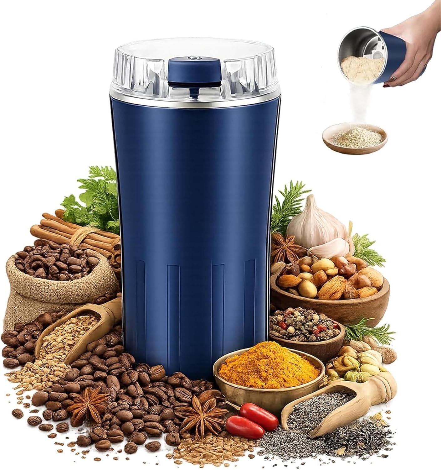 Household Superfine Grinder - 250ml Electric Coffee & Spice Grinder for Multi-Grain Blending & Powdering, One Touch Grinder Electric with Stainless Steel Blades for Beans, Herbs, Nuts, Grains
