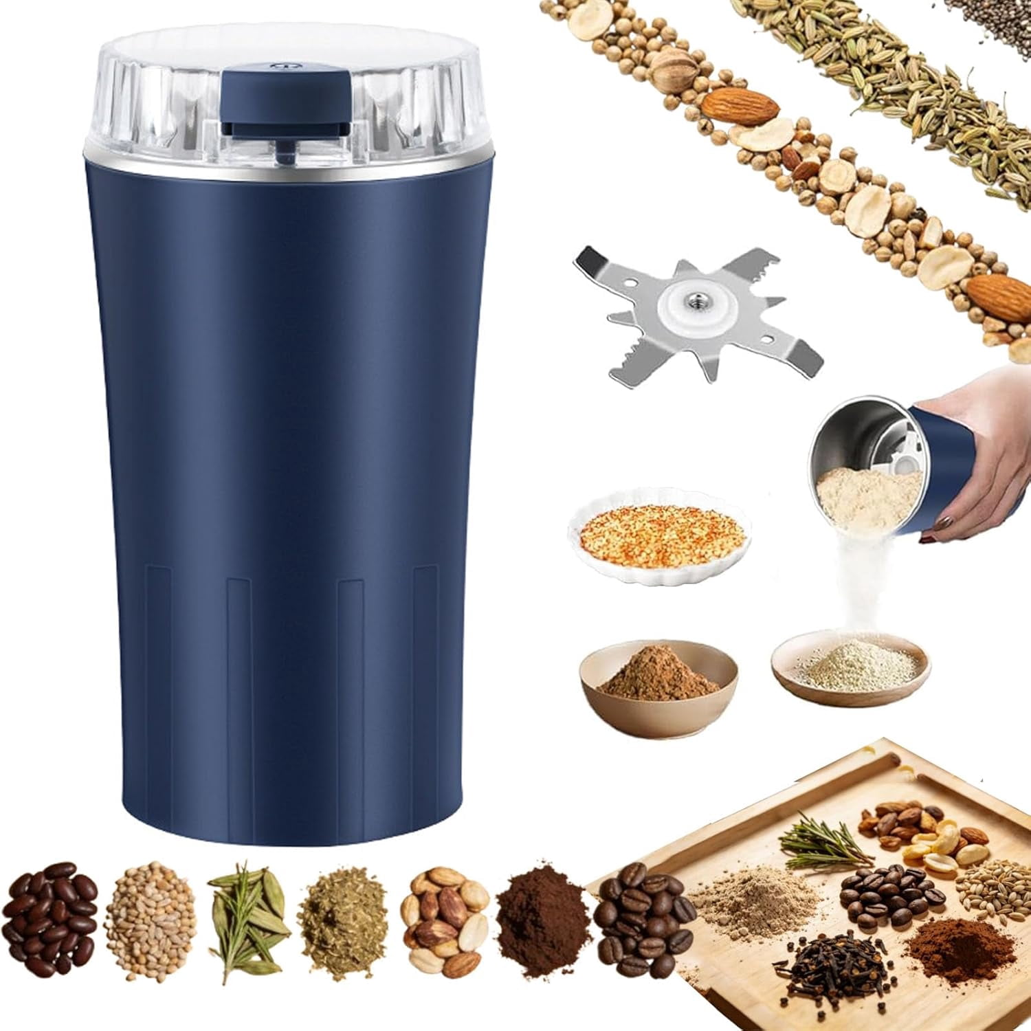 Household Superfine Grinder - Multi-grain Blending & Powdering Machine, Coffee Spice Grinder with 304 Stainless Steel Blades, One-Touch Portable Grinder for Bean Spices Herb and Tea (Blue)