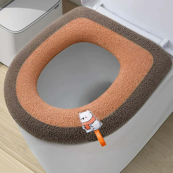 Household Thickened Toilet Seat Cover with Handle, Winter Warm Knitted Washable Set, Soft Breathable Polyester Material, Suitable for Round & Rectangular Toilet Seats, Easy to Install